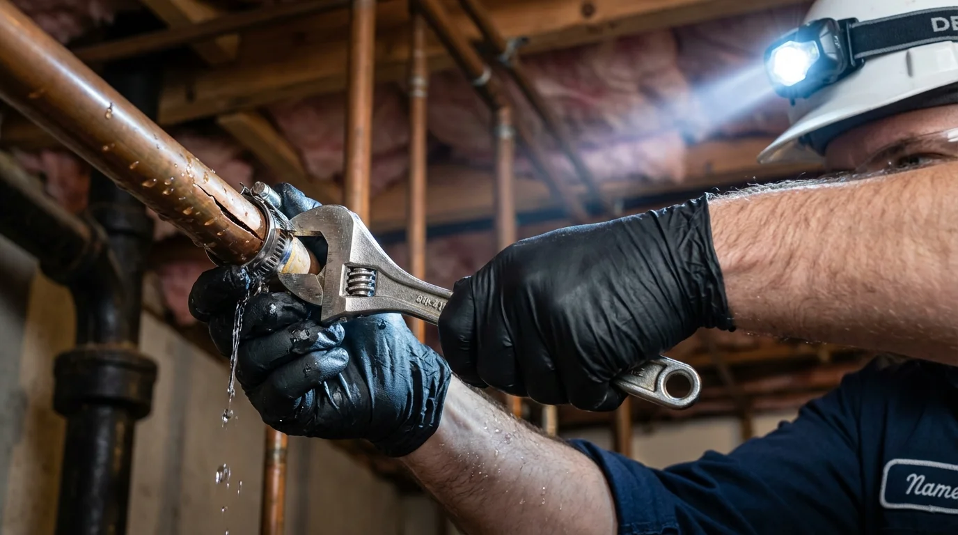 Emergency pipe clamp repair being performed by a Johns Plumbing LLC plumber in Buffalo Grove